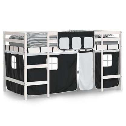 Letto a Soppalco Bambini con Tende Bianco e Nero 90x190 cm Pino - homemem39