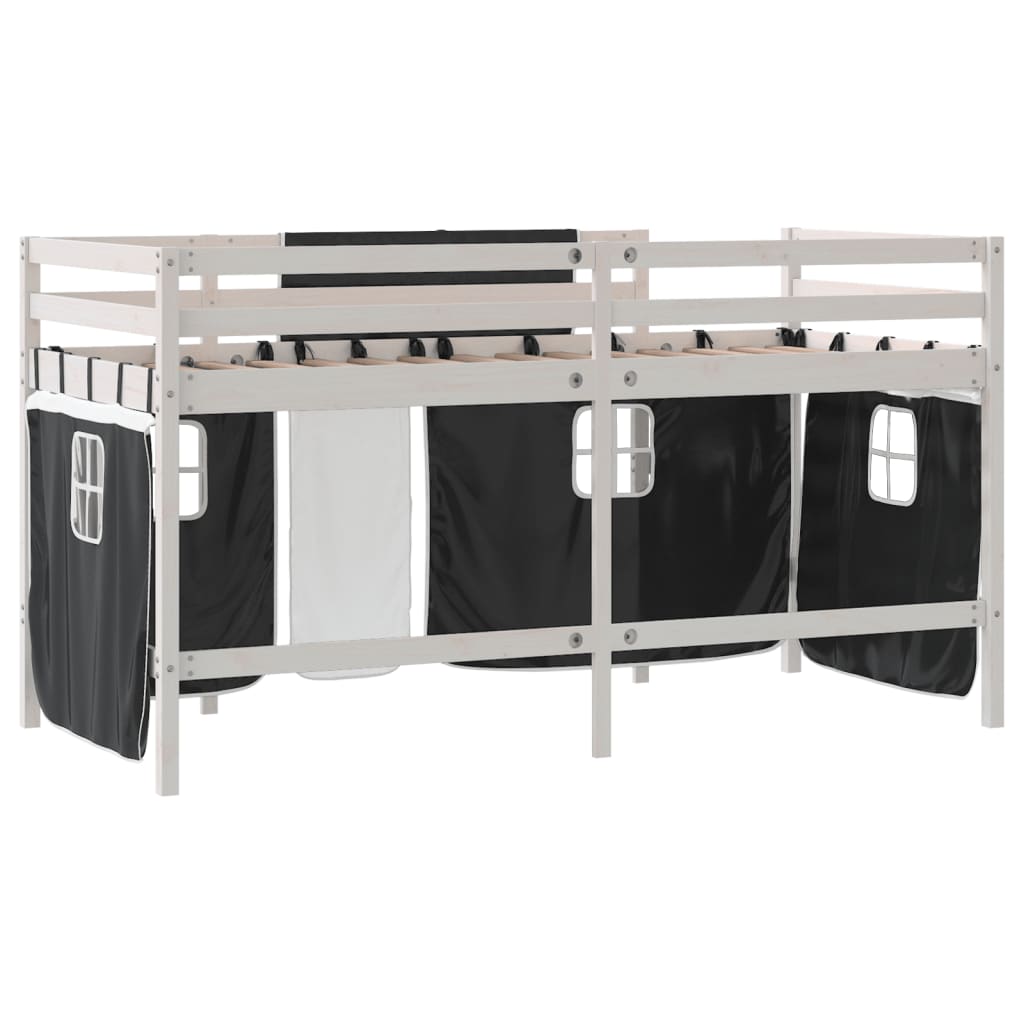 Letto a Soppalco Bambini con Tende Bianco e Nero 90x190 cm Pino - homemem39