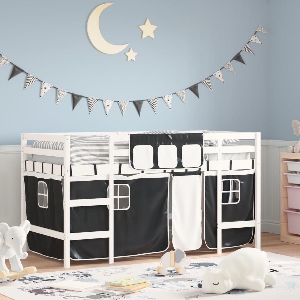 Letto a Soppalco Bambini con Tende Bianco e Nero 90x190 cm Pino - homemem39