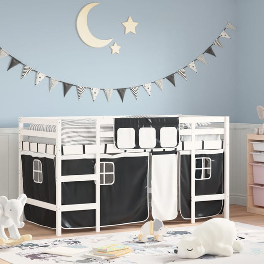 Letto a Soppalco Bambini con Tende Bianco e Nero 90x190 cm Pino - homemem39