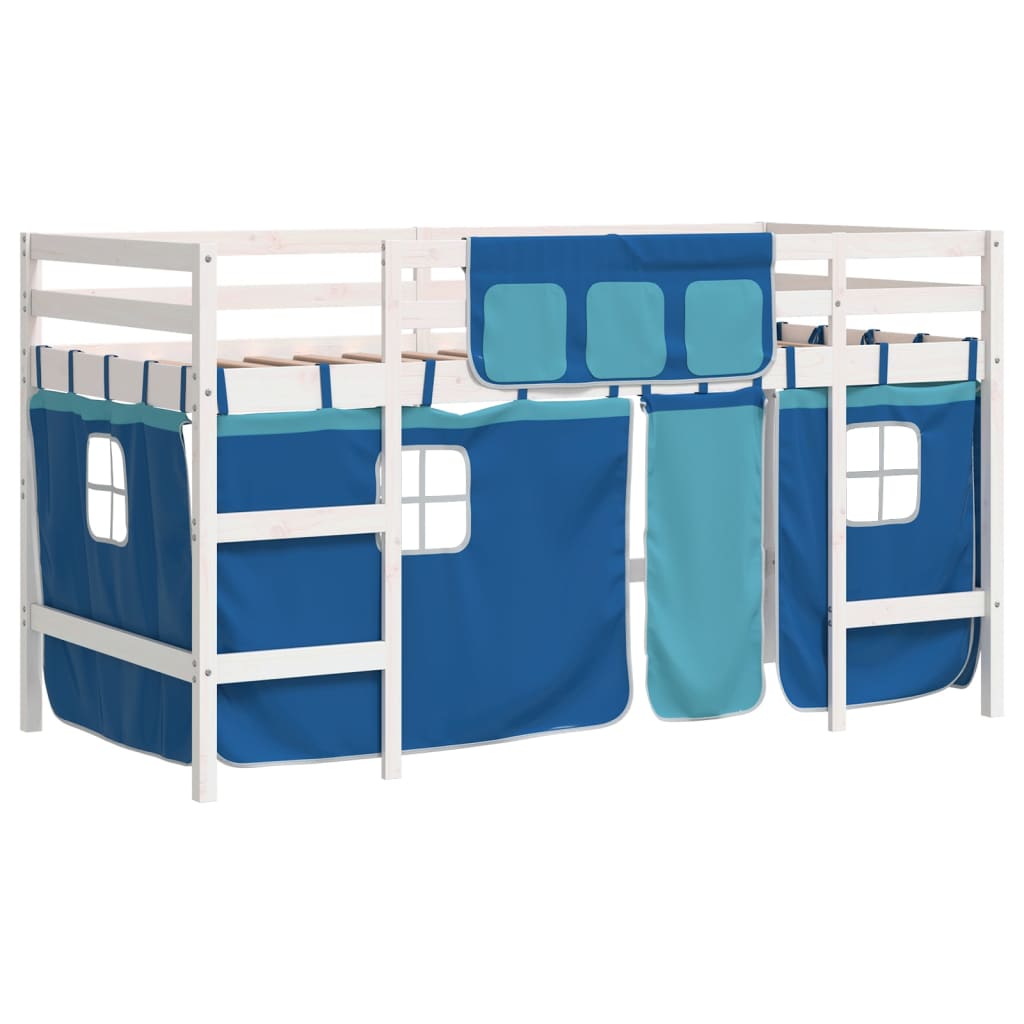 Letto a Soppalco Bambini con Tende Blu 90x190 cm Massello Pino - homemem39