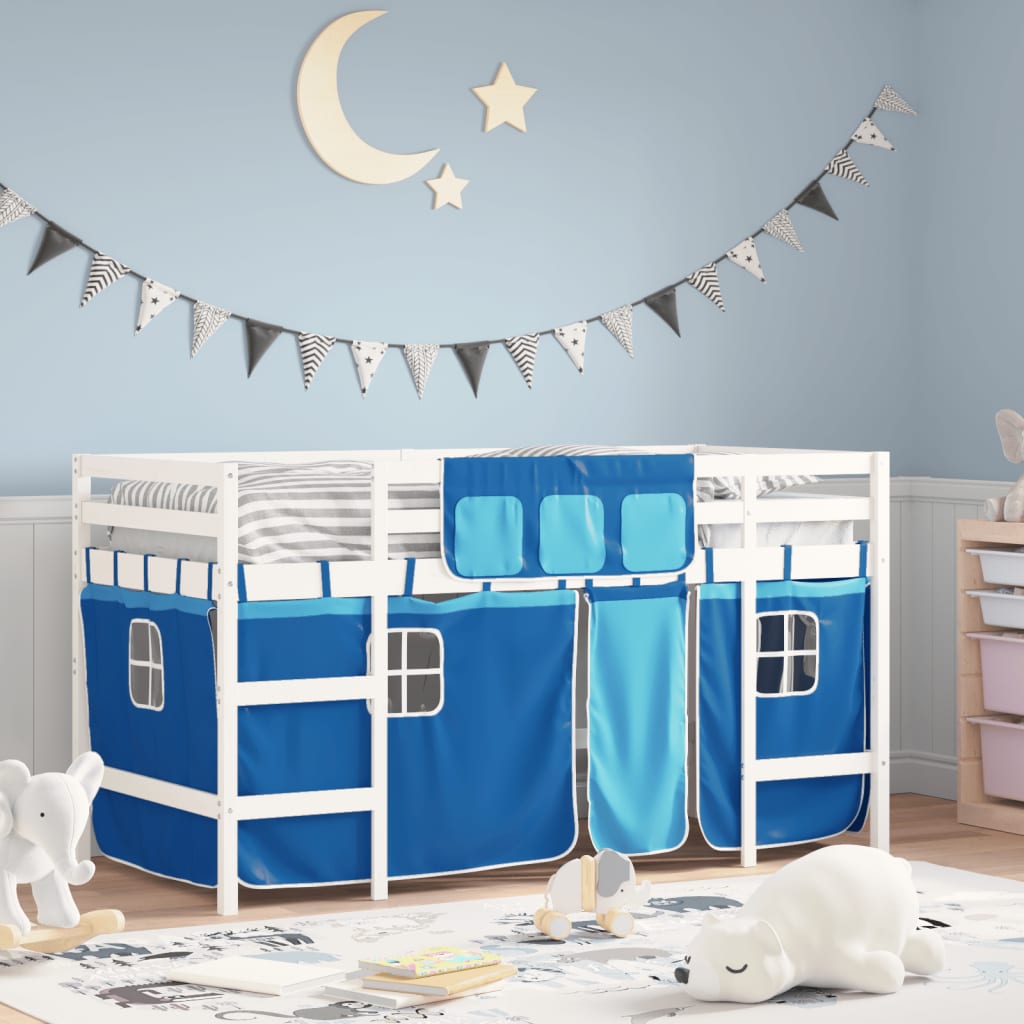Letto a Soppalco Bambini con Tende Blu 90x190 cm Massello Pino - homemem39