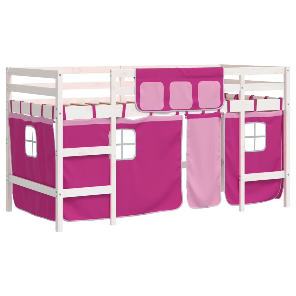 Letto a Soppalco con Tende Bambini Rosa 90x190 cm Massello Pino - homemem39