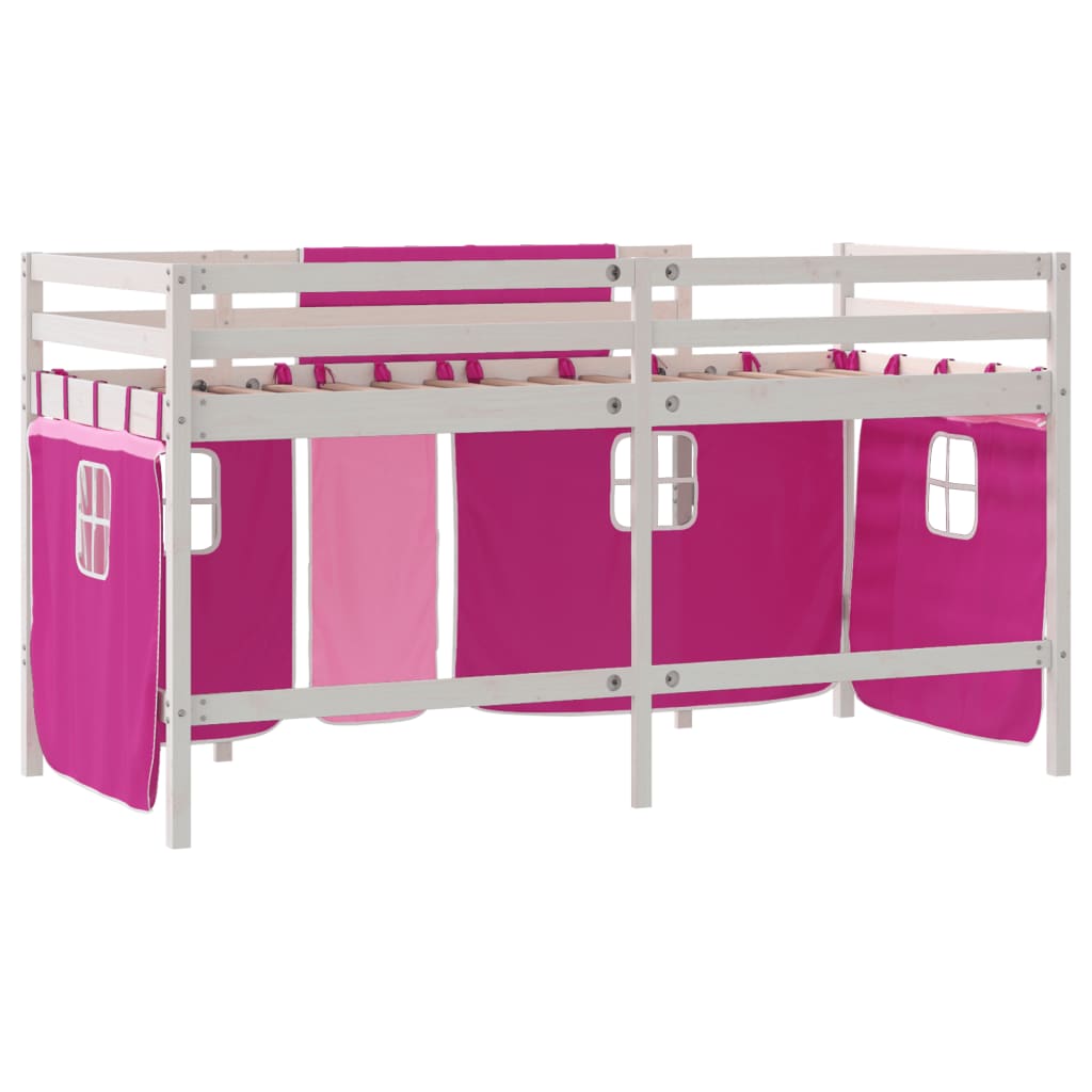 Letto a Soppalco con Tende Bambini Rosa 90x190 cm Massello Pino - homemem39