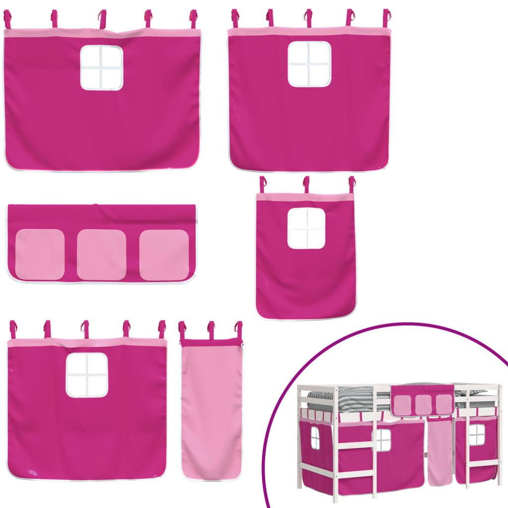 Letto a Soppalco con Tende Bambini Rosa 90x190 cm Massello Pino - homemem39