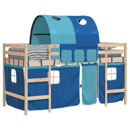 Letto a Soppalco con Tunnel Bambini Blu 80x200cm Massello Pino