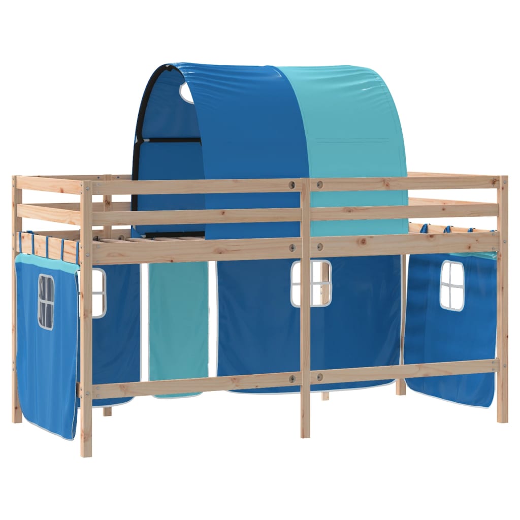 Letto a Soppalco con Tunnel Bambini Blu 80x200cm Massello Pino