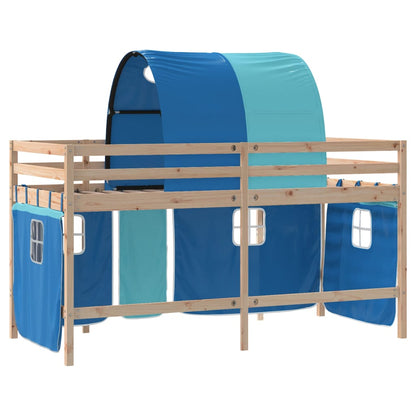 Letto a Soppalco con Tunnel Bambini Blu 80x200cm Massello Pino