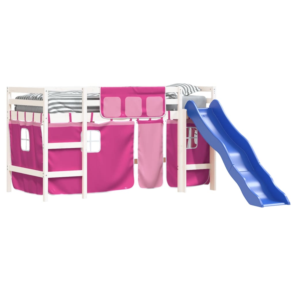 Letto a Soppalco con Tende Bambini Rosa 80x200 cm Massello Pino - homemem39