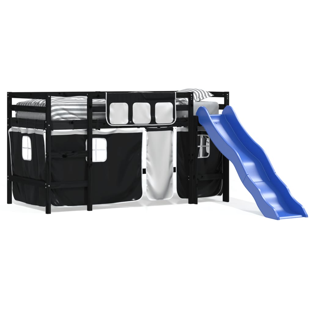 Letto a Soppalco con Tende Bambini Bianco e Nero 80x200 cm Pino - homemem39