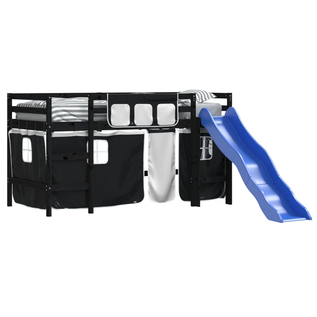 Letto a Soppalco con Tende Bambini Bianco e Nero 80x200 cm Pino - homemem39