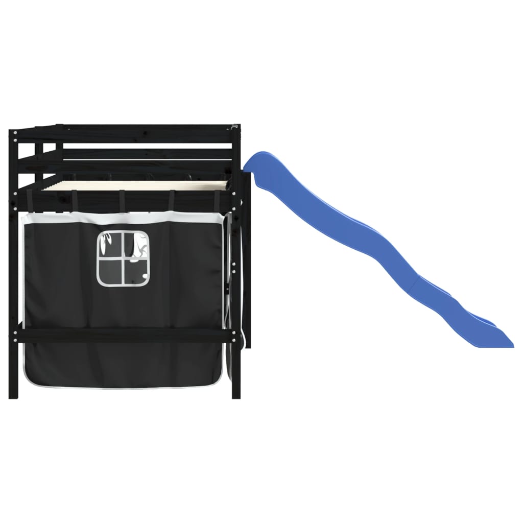 Letto a Soppalco con Tende Bambini Bianco e Nero 80x200 cm Pino - homemem39