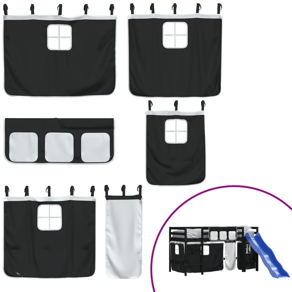 Letto a Soppalco con Tende Bambini Bianco e Nero 80x200 cm Pino - homemem39