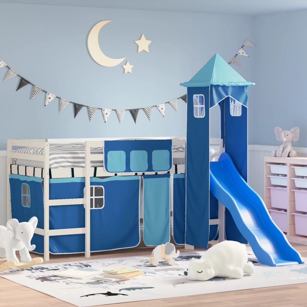 Letto a Soppalco con Torre Bambini Blu 80x200cm Massello Pino - homemem39
