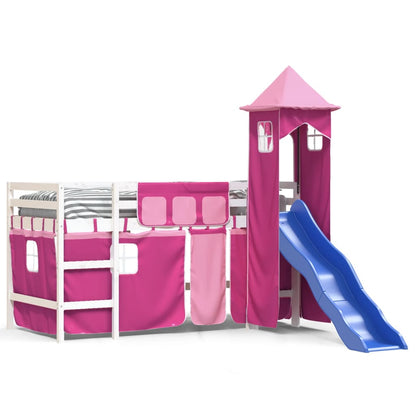 Letto a Soppalco con Torre Bambini Rosa 80x200cm Massello Pino - homemem39