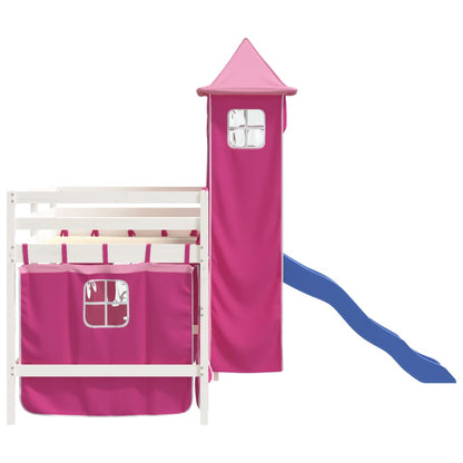 Letto a Soppalco con Torre Bambini Rosa 80x200cm Massello Pino - homemem39