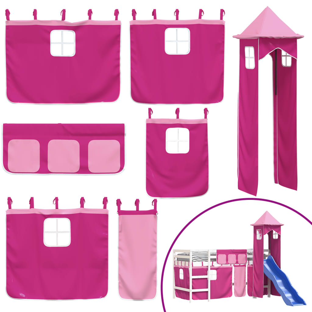 Letto a Soppalco con Torre Bambini Rosa 80x200cm Massello Pino - homemem39
