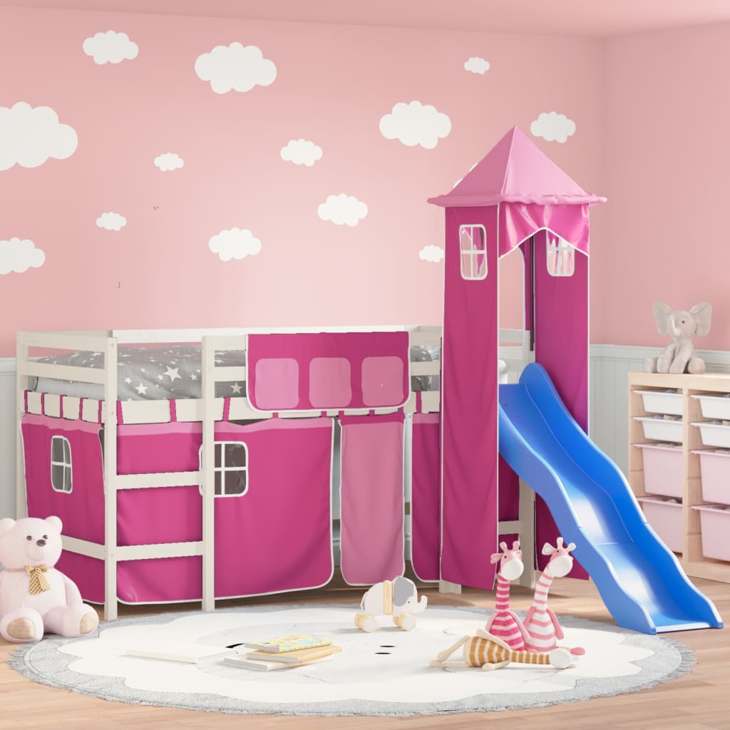 Letto a Soppalco con Torre Bambini Rosa 80x200cm Massello Pino - homemem39