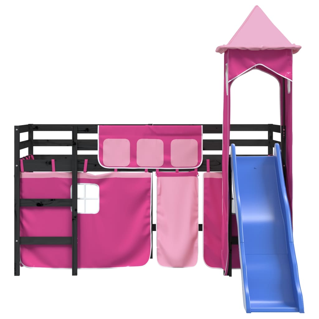 Letto a Soppalco con Torre Bambini Rosa 80x200cm Massello Pino - homemem39