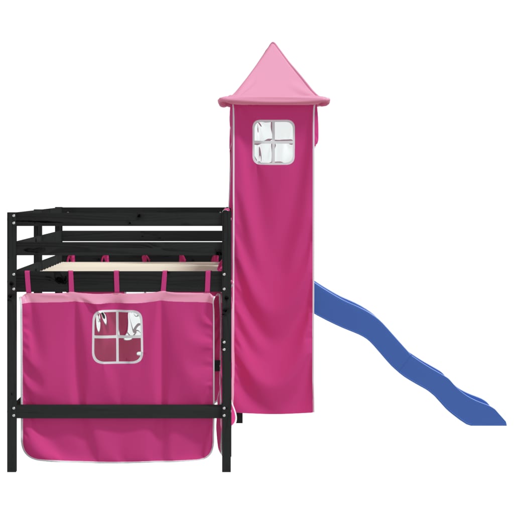 Letto a Soppalco con Torre Bambini Rosa 80x200cm Massello Pino - homemem39