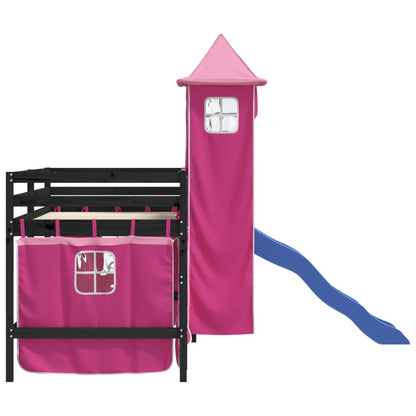 Letto a Soppalco con Torre Bambini Rosa 80x200cm Massello Pino - homemem39