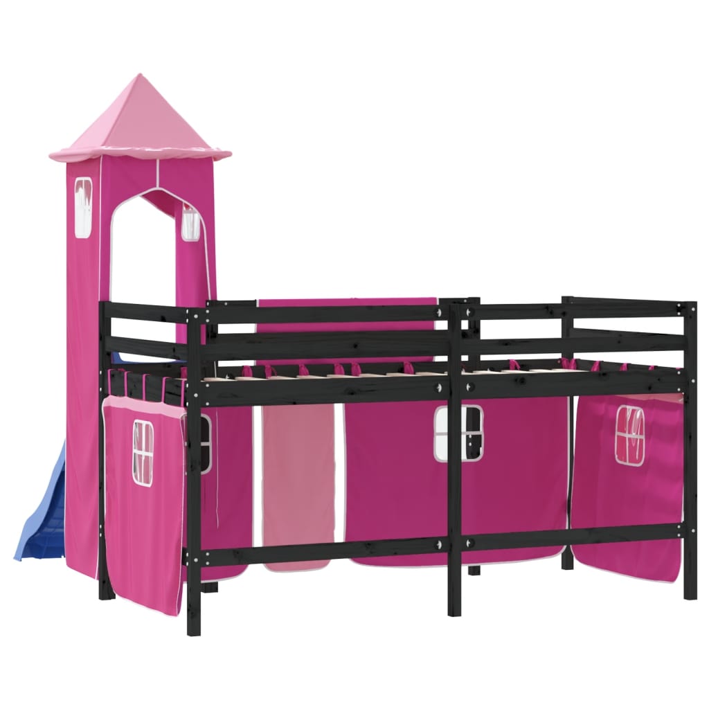 Letto a Soppalco con Torre Bambini Rosa 80x200cm Massello Pino - homemem39