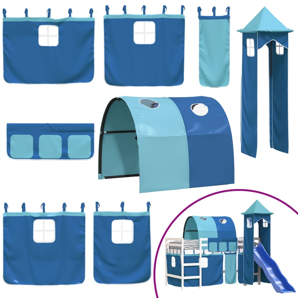 Letto a Soppalco con Torre Bambini Blu 90x190cm Massello Pino
