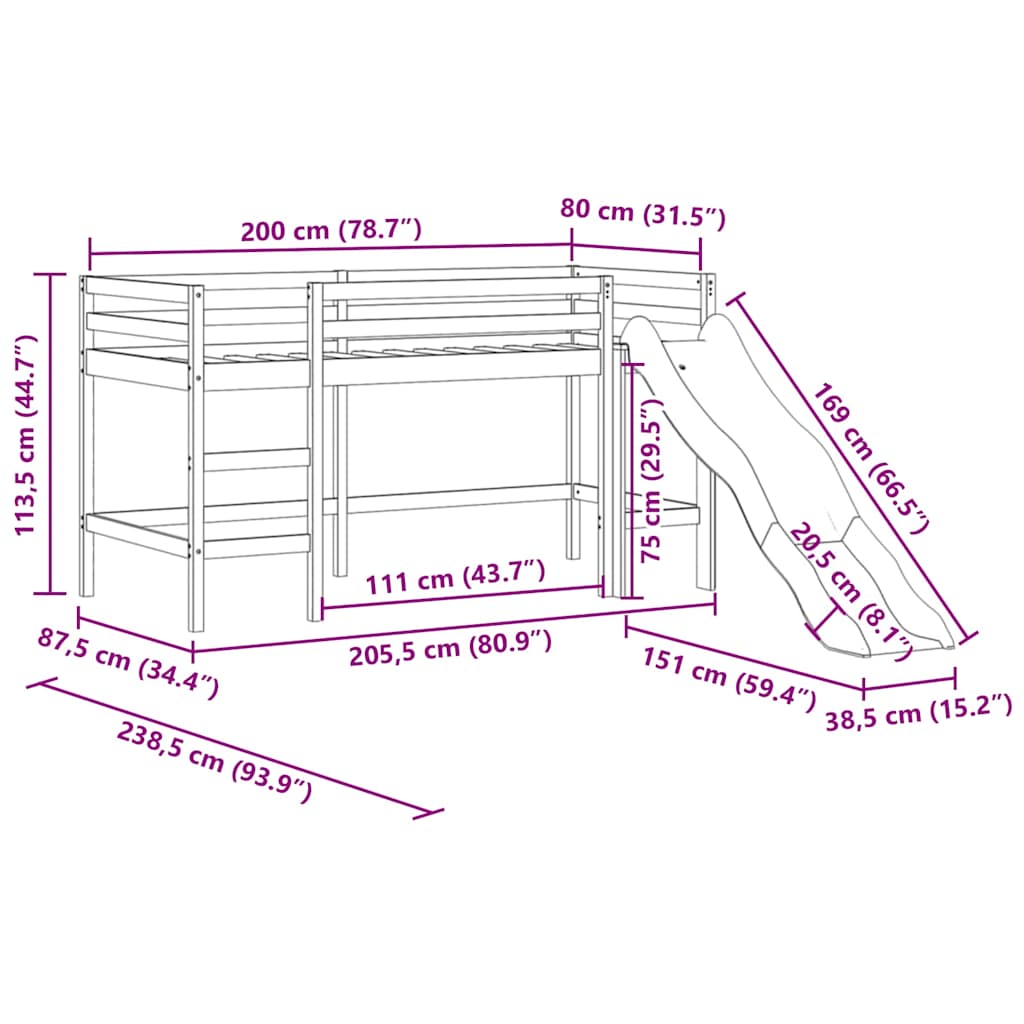 Letto Soppalco Scivolo Bambini Bianco 80x200 cm Massello Pino - homemem39