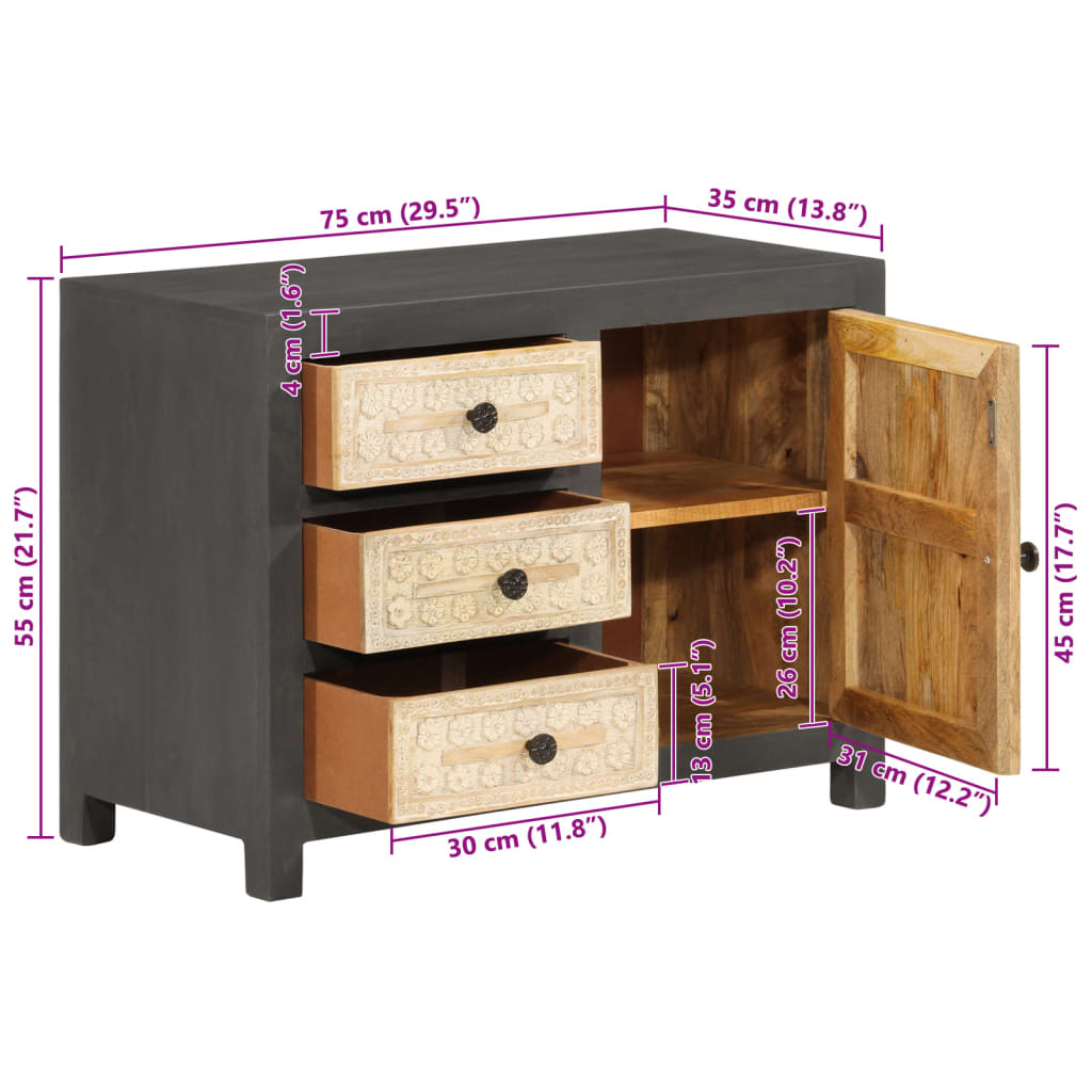 Credenza Bianco e Grigio 75x35x55 cm in Legno Massello di Mango