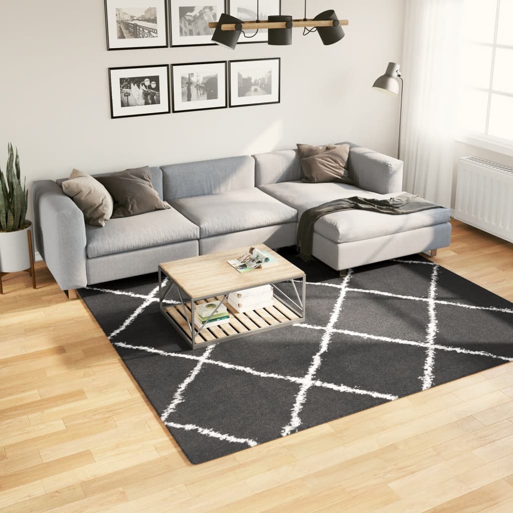 Tappeto Shaggy PAMPLONA a Pelo Lungo Nero e Crema 240x240 cm - homemem39