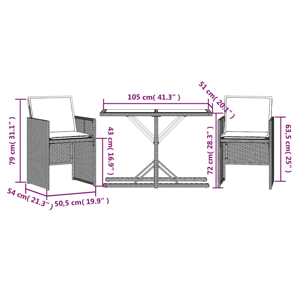 Set da Bistrò 3 pz con Cuscini Grigio in Polyrattan