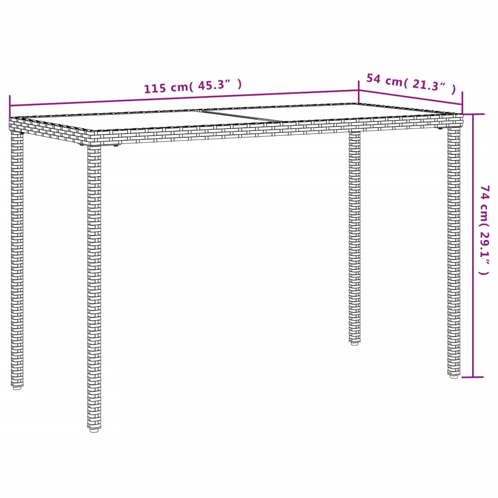 Tavolo da Giardino Piano in Vetro Grigio 115x54x74cm Polyrattan - homemem39