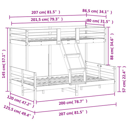 Letto a Castello 80x200/120x200cm Bianco Legno Massello di Pino