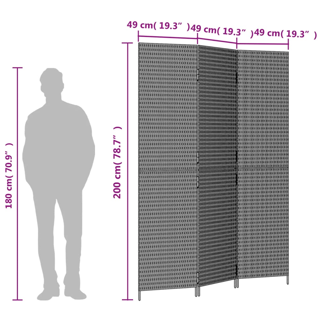 Divisorio per Ambienti a 3 Pannelli Grigio in Polyrattan | homemem39