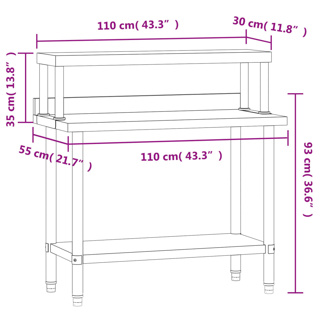 Tavolo Lavoro Cucina con Ripiano 110x55x120 cm Acciaio Inox | homemem39