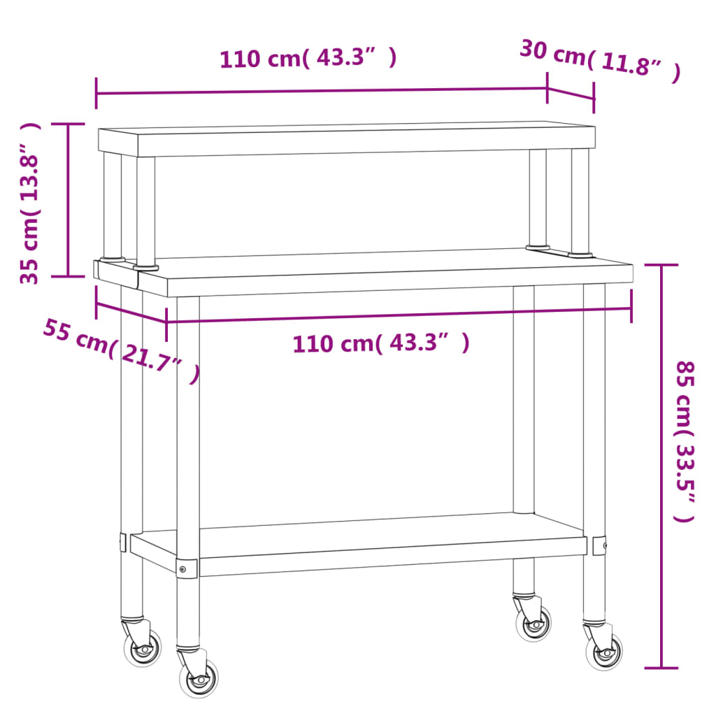 Tavolo Lavoro Cucina con Ripiano 110x55x120 cm Acciaio Inox | homemem39
