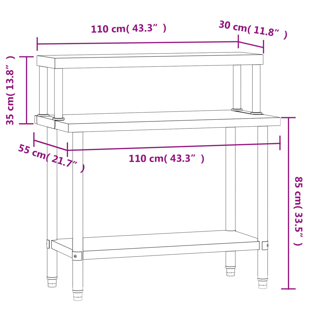 Tavolo Lavoro Cucina con Ripiano 110x55x120 cm Acciaio Inox