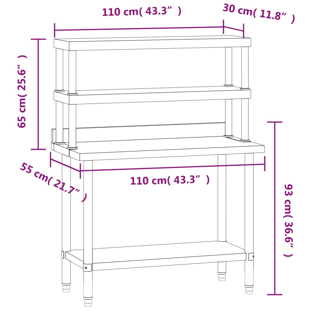 Tavolo Lavoro Cucina con Ripiano 110x55x150 cm Acciaio Inox | homemem39