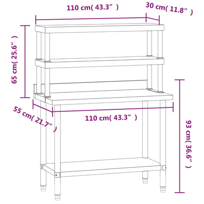 Tavolo Lavoro Cucina con Ripiano 110x55x150 cm Acciaio Inox | homemem39