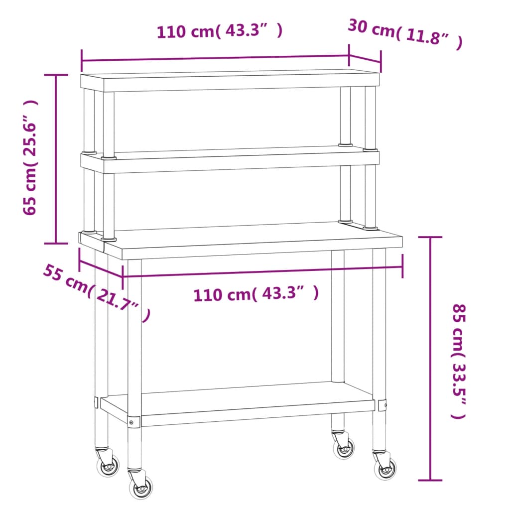 Tavolo Lavoro Cucina con Ripiano 110x55x150 cm Acciaio Inox | homemem39
