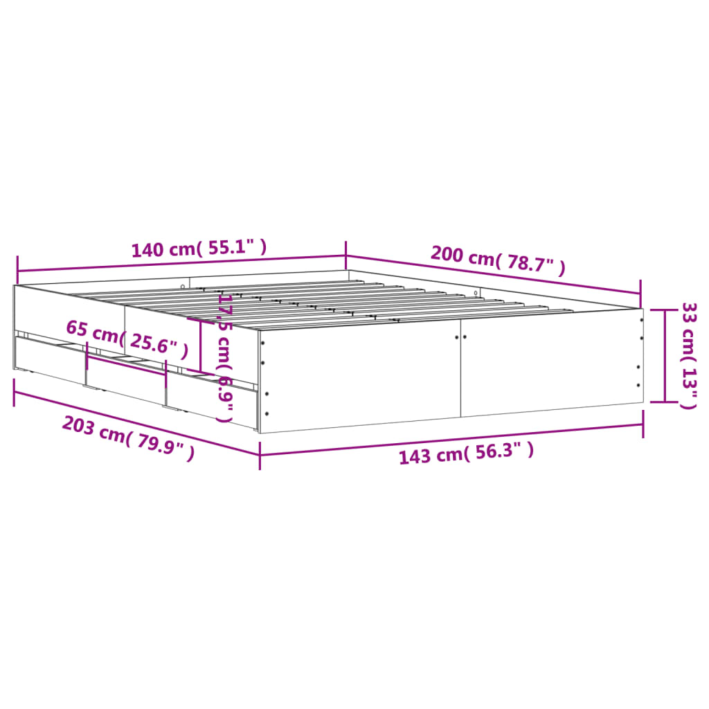 Giroletto con Cassetti Nero 140x200 cm in Legno Multistrato | homemem39