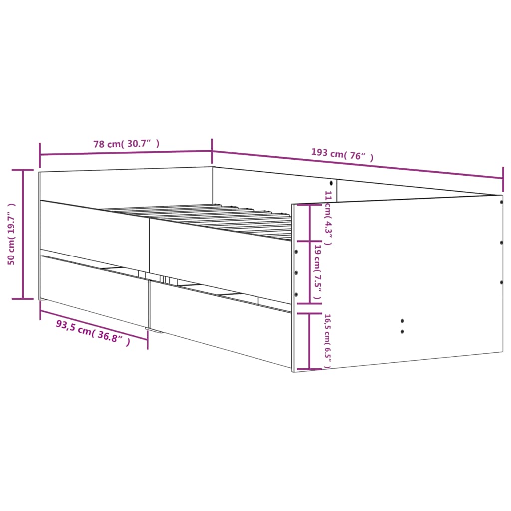 Giroletto con Cassetti Rovere Fumo 75x190 cm Small Single | homemem39