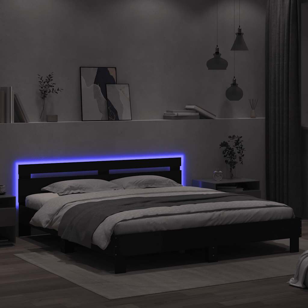 Giroletto con Testiera e LED Nero 160x200 cm