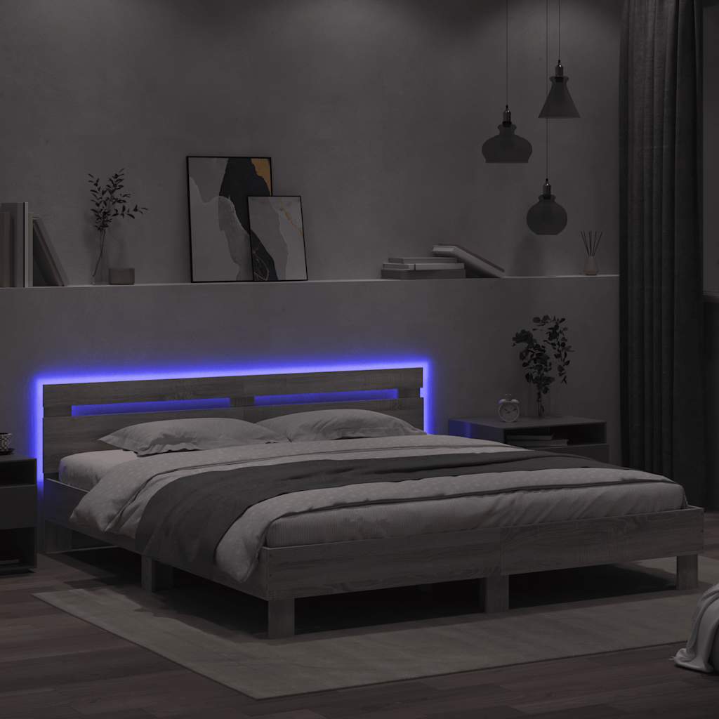Giroletto con Testiera e LED Grigio Sonoma 160x200 cm