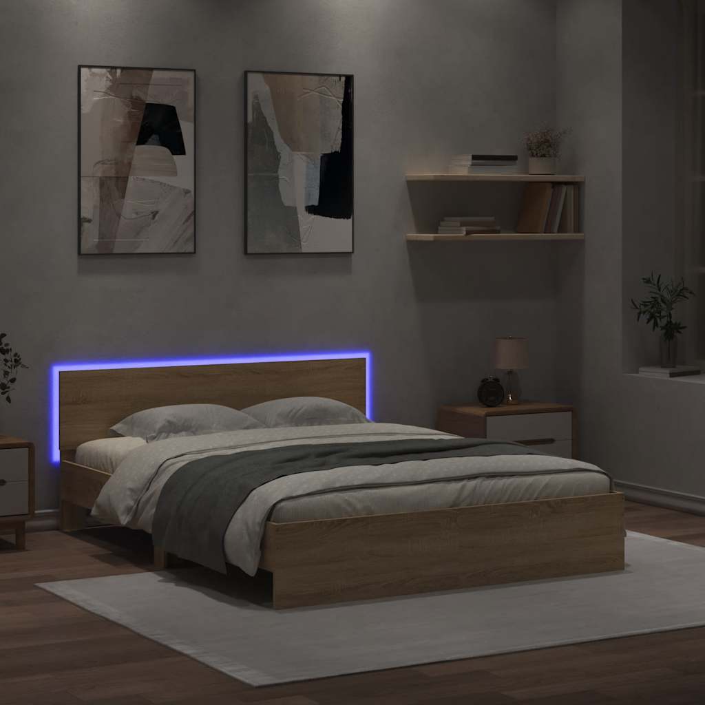 Giroletto con Testiera e LED Rovere Sonoma 160x200 cm