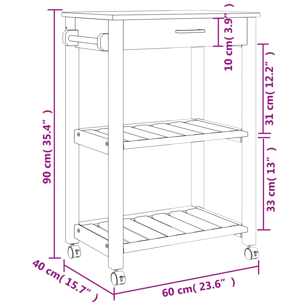 Carrello da Cucina MONZA 60x40x90 cm in Legno Massello di Pino - homemem39