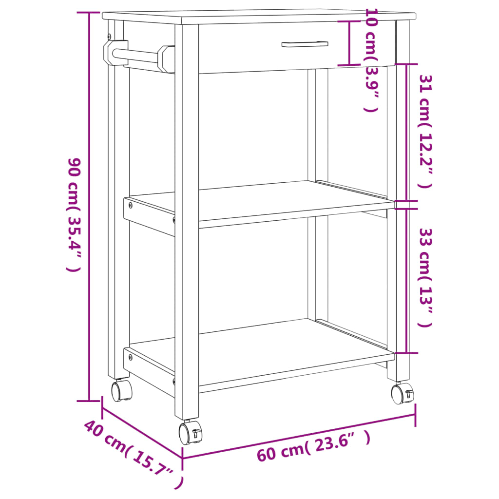 Carrello da Cucina MONZA 60x40x90 cm in Legno Massello di Pino