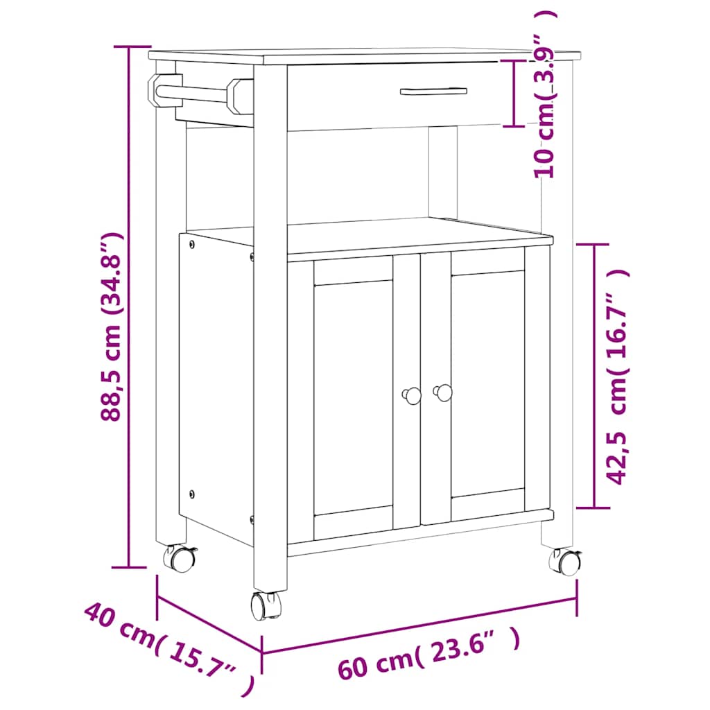 Carrello da Cucina MONZA 60x40x88,5 cm in Legno Massello di Pino