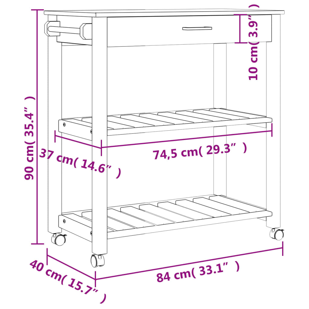 Carrello da Cucina MONZA 84x40x90 cm in Legno Massello di Pino - homemem39