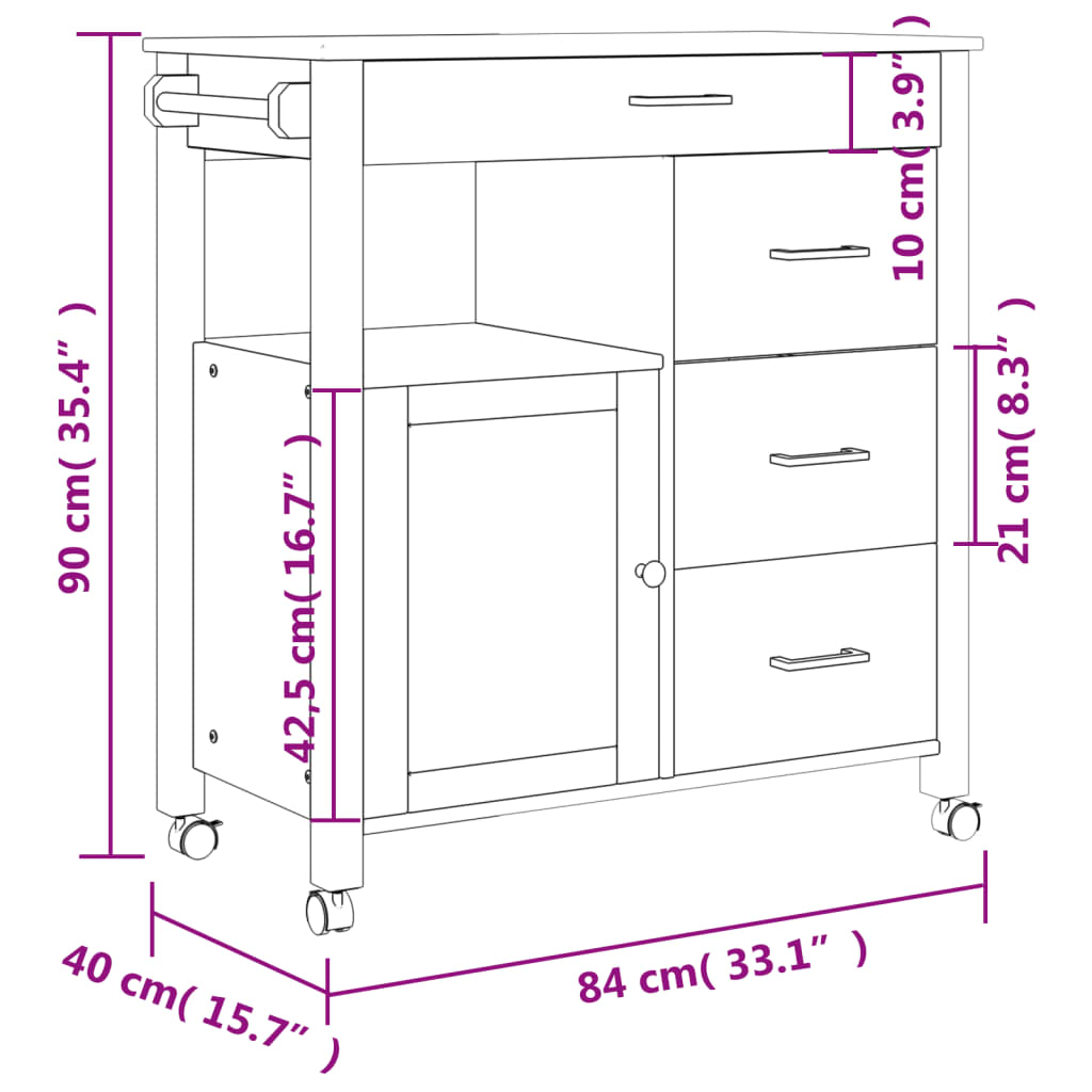 Carrello da Cucina MONZA 84x40x90 cm in Legno Massello di Pino